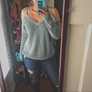 L.A. Hearts Teal V-Neck Cold Shoulder Sweater